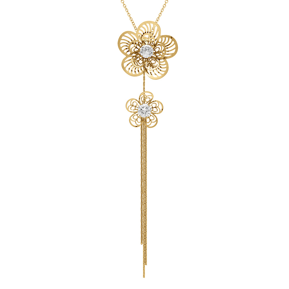 Collier en acier dor� double fleur d\'oxyde blanc pendant trois  fils - 45+5cm - Vue 1