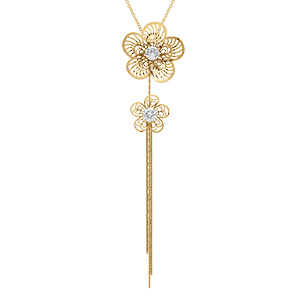 Collier en acier dor� double fleur d'oxyde blanc pendant trois  fils - 45+5cm