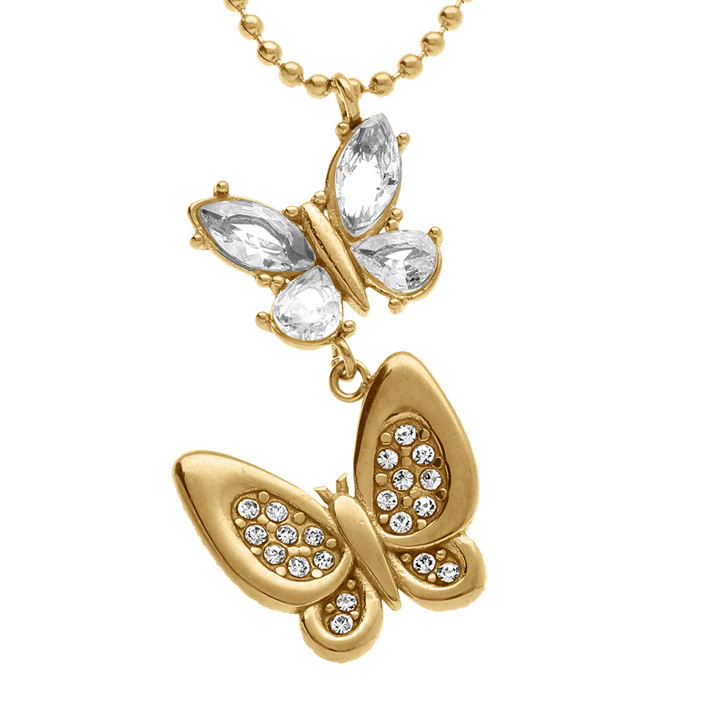 Collier en acier dor� double papillon avec oxydes blancs sertis - 45+5cm - Vue 1