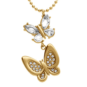 Collier en acier dor� double papillon avec oxydes blancs sertis - 45+5cm
