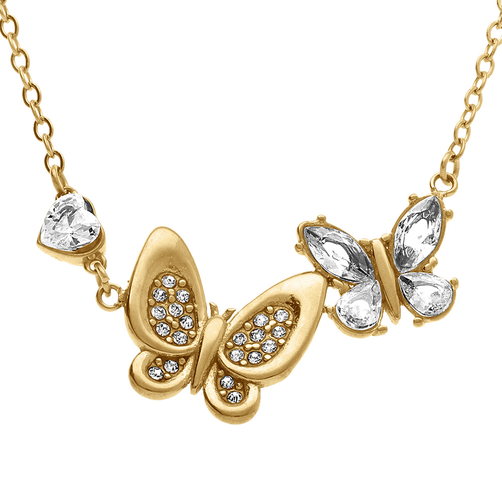 Collier en acier dor� double papillon et coeur d\'oxydes blancs sertis - 40+5cm - Vue 1