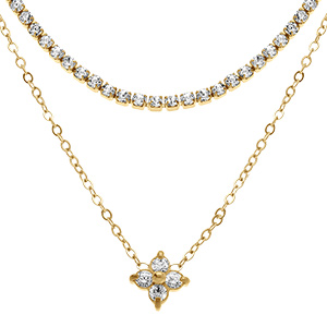 Collier en acier dor� double un rail d'oxydes blancs sertis et pendentif fleur oxydes blancs - 42+5cm