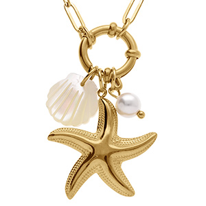 Collier en acier dor� etoile de mer et coquillage imitation et perle blanche imitation - 46cm