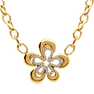 Collier en acier dor� fleur avec oxydes blancs - 38+4cm