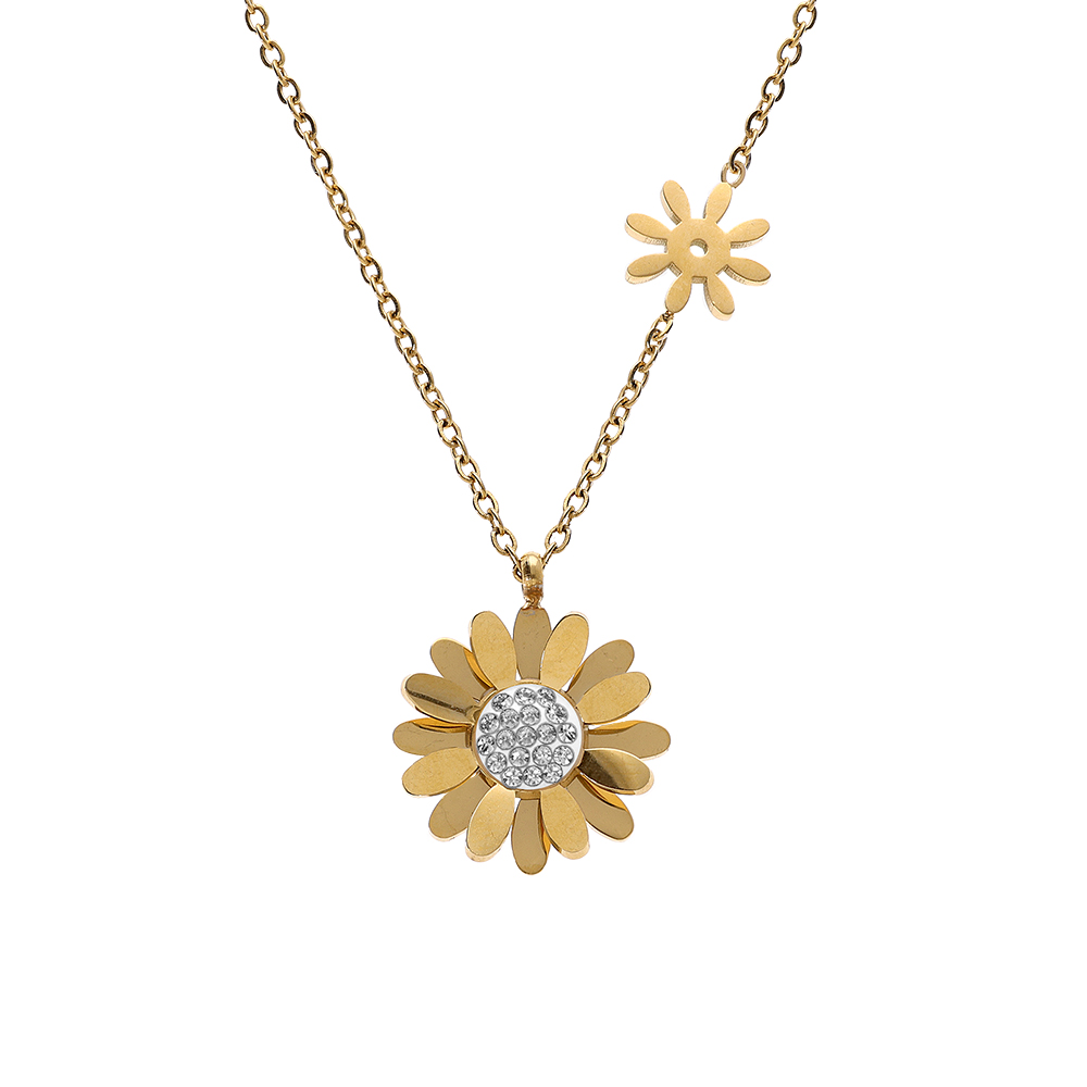 Collier en acier dor� fleur avec strass blancs, 42+5cm - Vue 1