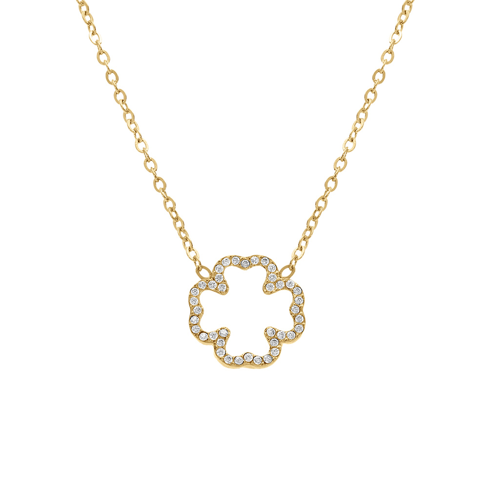 Collier en acier dor� fleur �vid�e contour d\'oxydes blancs - 38+5cm - Vue 1