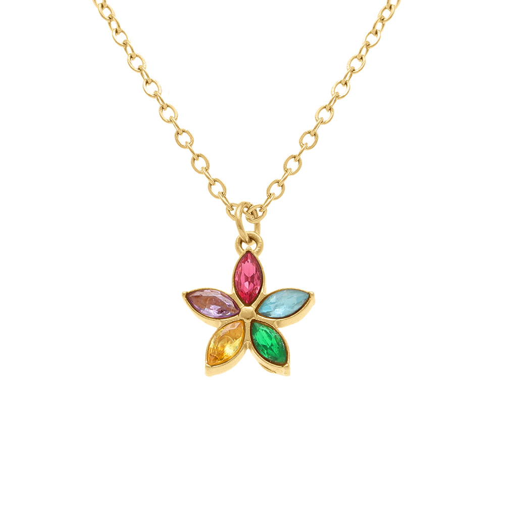 Collier en acier dor� fleur par�e d\'oxydes multi couleurs - 40+5cm - Vue 1