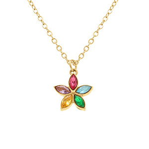 Collier en acier dor� fleur par�e d'oxydes multi couleurs - 40+5cm
