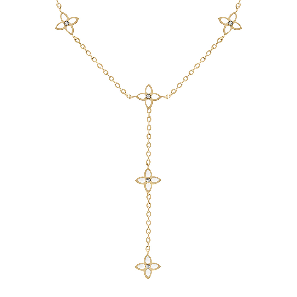 Collier en acier dor� fleurs cravate r�sine blanche  - 40+5cm - Vue 1