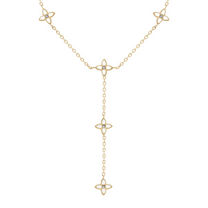 Collier en acier doré fleurs cravate résine blanche - 40+5cm - Vue 1