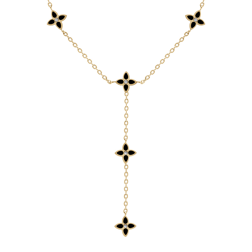 Collier en acier dor� fleurs cravate r�sine noire  - 40+5cm - Vue 1