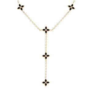 Collier en acier doré fleurs cravate résine noire - 40+5cm - Vue 1