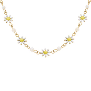 Collier en acier doré fleurs résine blanche et jaune avec boules nacre blanche véritable -35+5cm - Vue 1