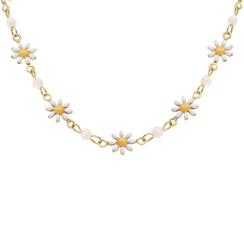 Collier en acier dor� fleurs r�sine blanche et jaune avec boules nacre blanche v�ritable  -42+5cm - Vue 1