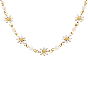 Collier en acier dor� fleurs r�sine blanche et jaune avec boules nacre blanche v�ritable  -42+5cm