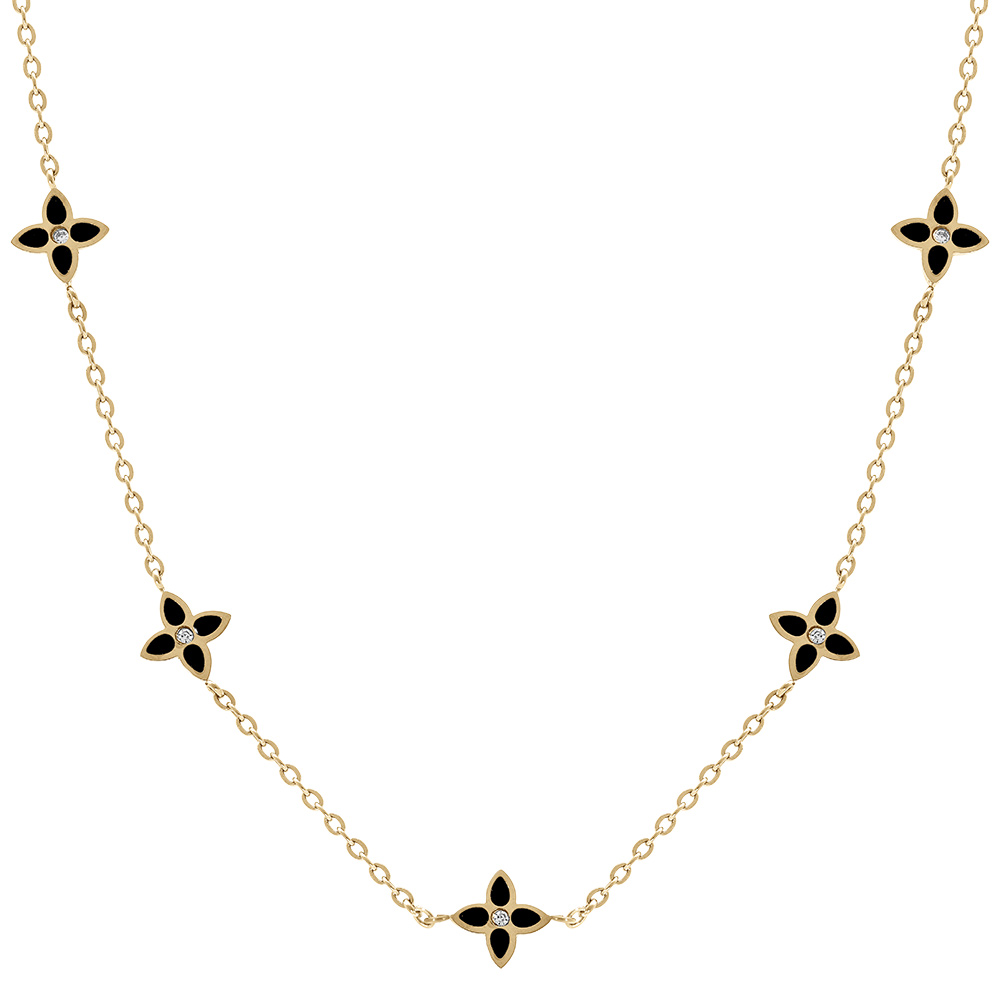Collier en acier dor� fleurs r�sine noire  - 40+5cm - Vue 1