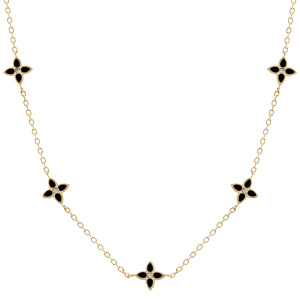 Collier en acier doré fleurs résine noire - 40+5cm - Vue 1