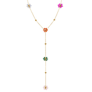 Collier en acier dor forme Y avec chane boules et fleurs multi couleurs jade et quartz - 42+6cm