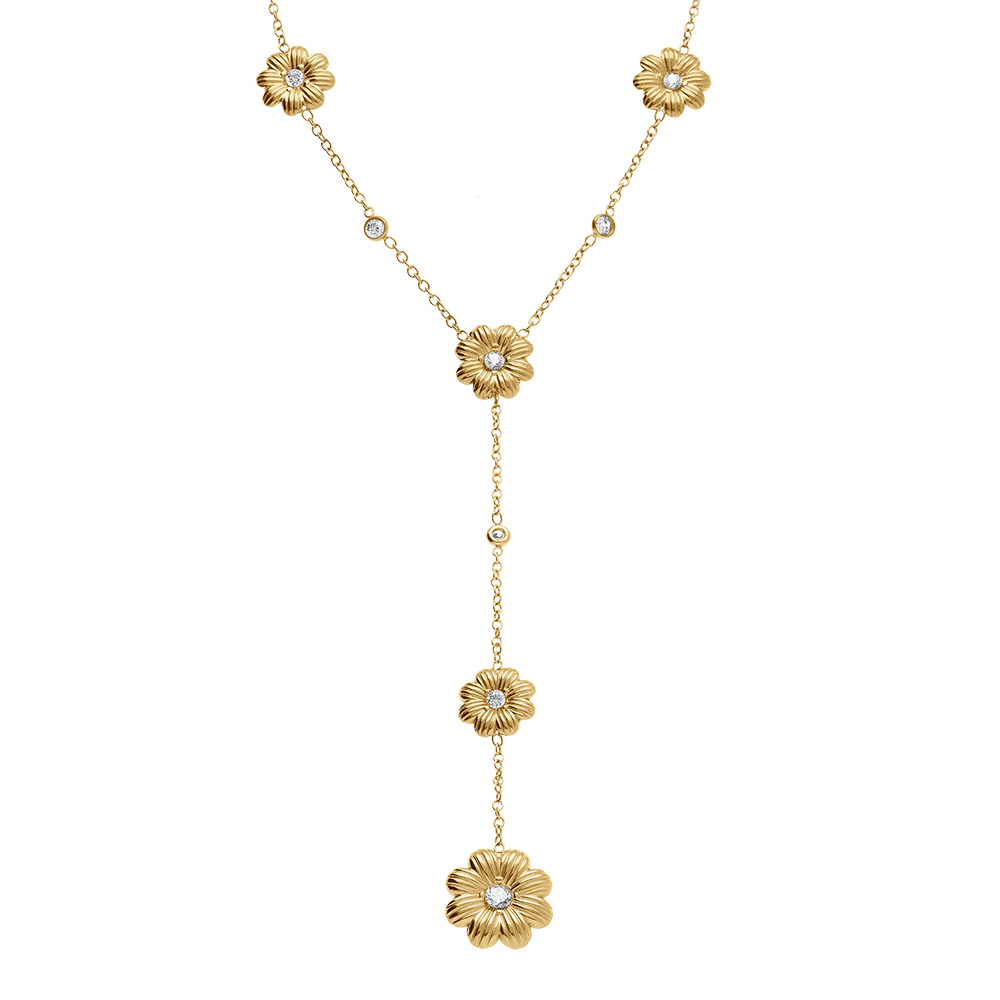 Collier en acier dore forme cravate avec fleurs et oxydes blancs sertis - 42+5cm - Vue 1