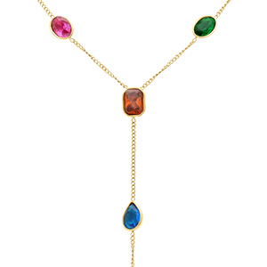 Collier en acier dor� forme cravate avec oxydes multi couleurs  - 45+5cm