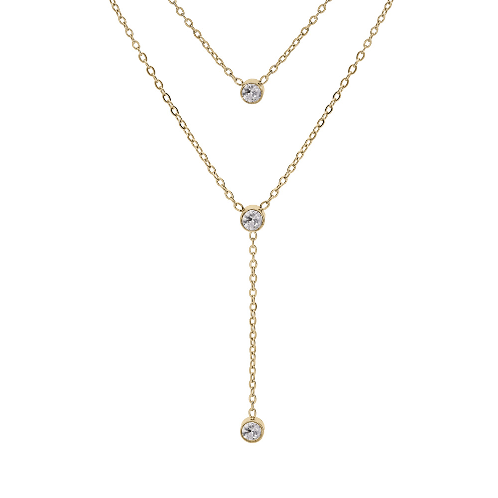 Collier en acier dor� forme cravate double rang avec 3 oxydes blancs sertis - 38+4cm - Vue 1