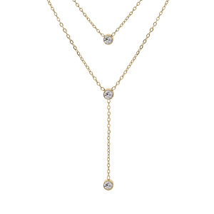 Collier en acier dor forme cravate double rang avec 3 oxydes blancs sertis - 38+4cm