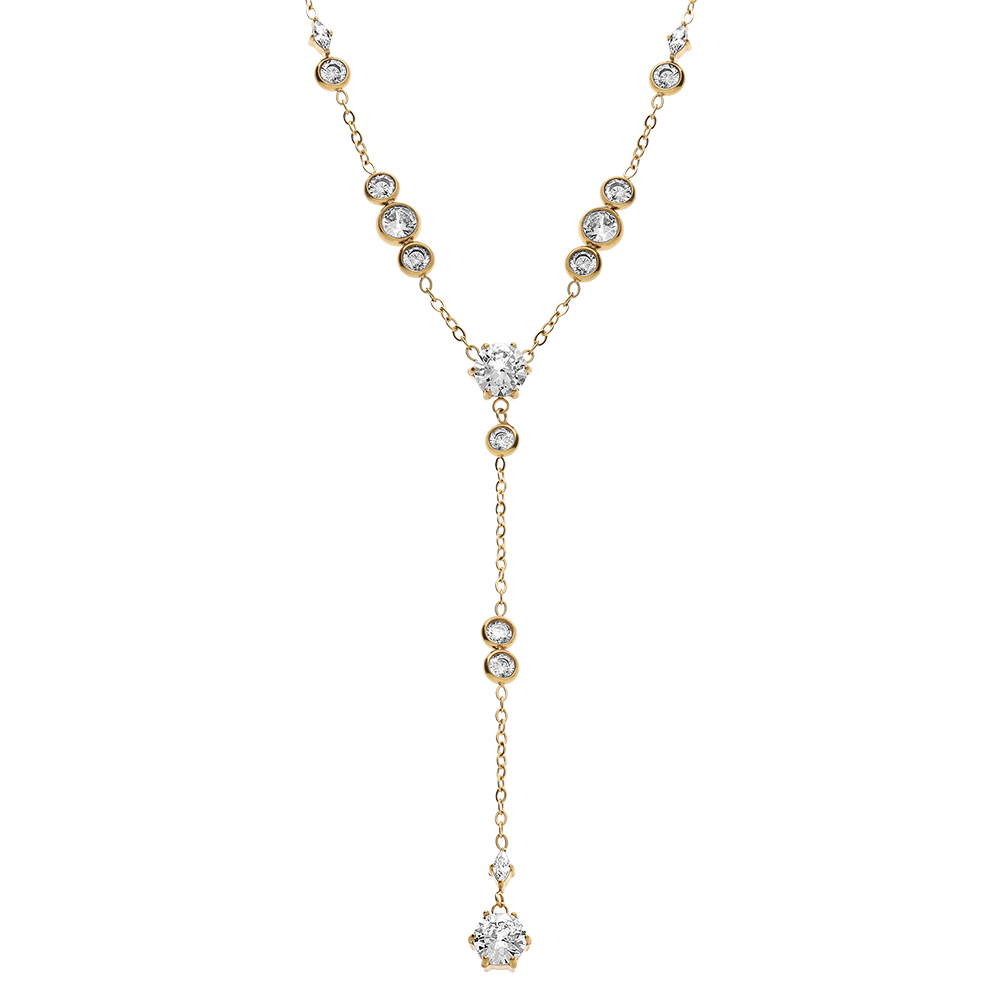 Collier en acier dor� forme cravate et oxydes blancs - 42+5cm - Vue 1
