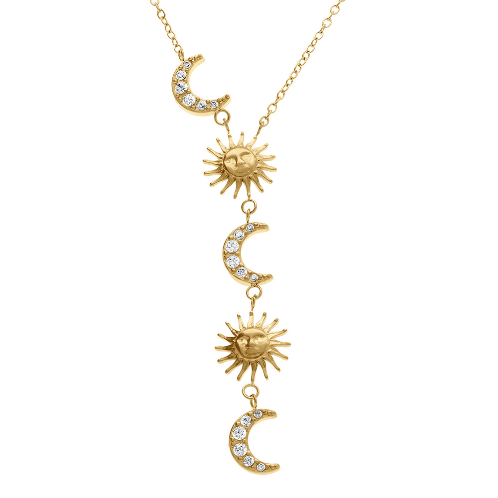 Collier en acier dor� forme cravate lunes et soleils avec oxydes blancs - 42+5cm - Vue 1