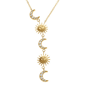 Collier en acier dor� forme cravate lunes et soleils avec oxydes blancs - 42+5cm