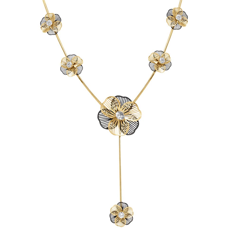 Collier en acier dor� forme Y six  fleurs d\'oxydes blancs - 45+5cm - Vue 1