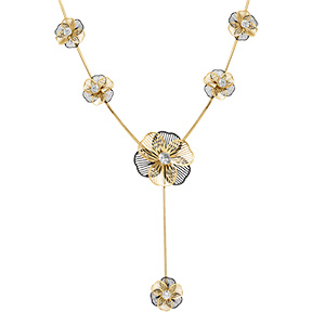 Collier en acier dor� forme Y six  fleurs d'oxydes blancs - 45+5cm