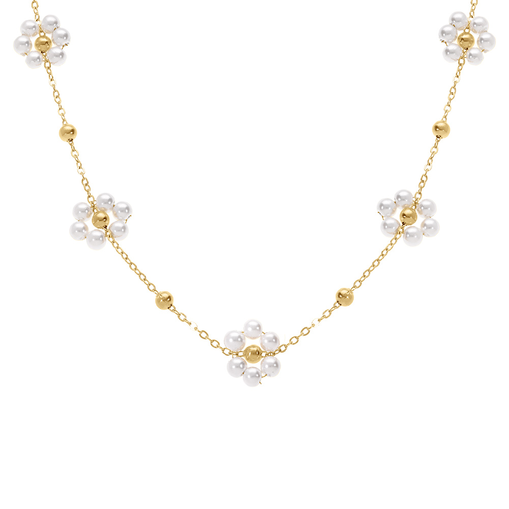 Collier en acier dor� jaune avec fleurs de perles blanches imitation, 40+5cm - Vue 1