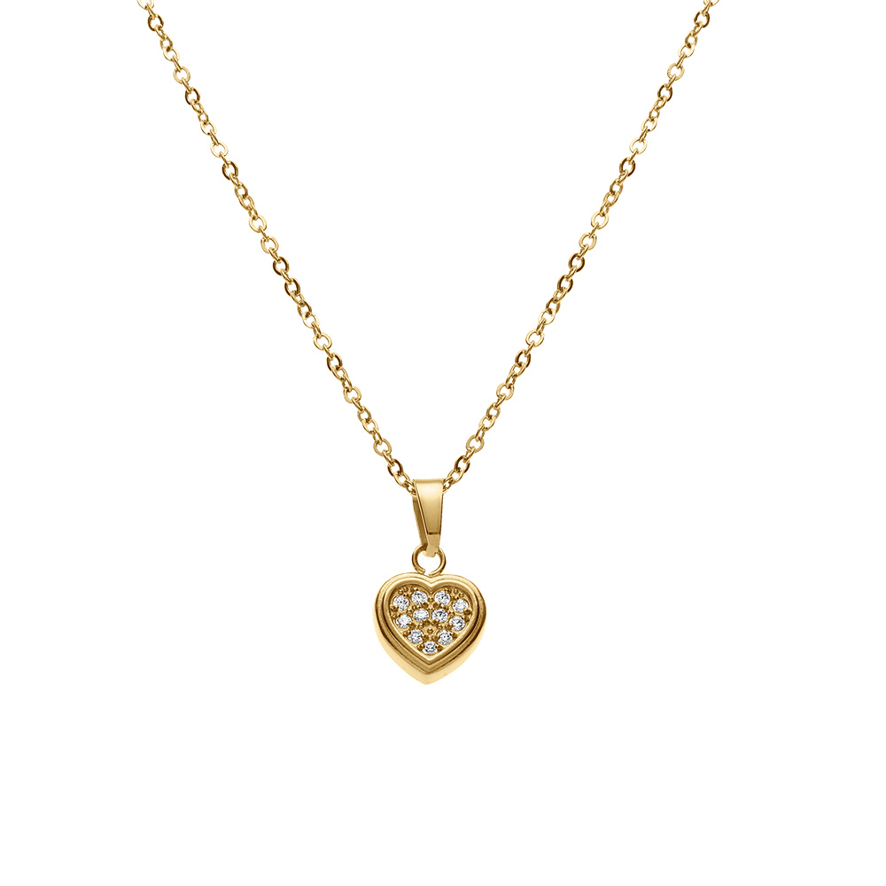 Collier en acier dor� jaune avec pendentif coeur d\'oxydes blancs sertis, 42+5cm - Vue 1