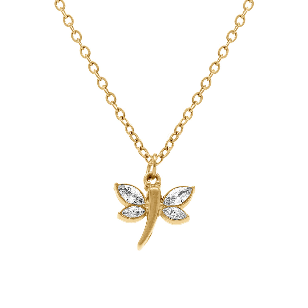 Collier en acier dor� libellule avec oxydes blancs -  40+5cm - Vue 1
