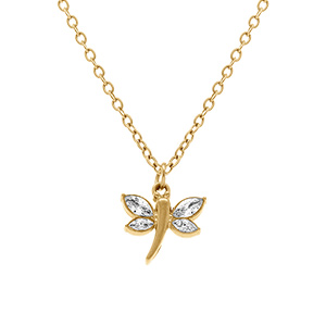 Collier en acier dor� libellule avec oxydes blancs -  40+5cm