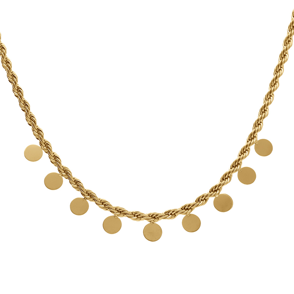 Collier en acier dor� maille corde pampille pastilles lisses, 40+5cm - Vue 1