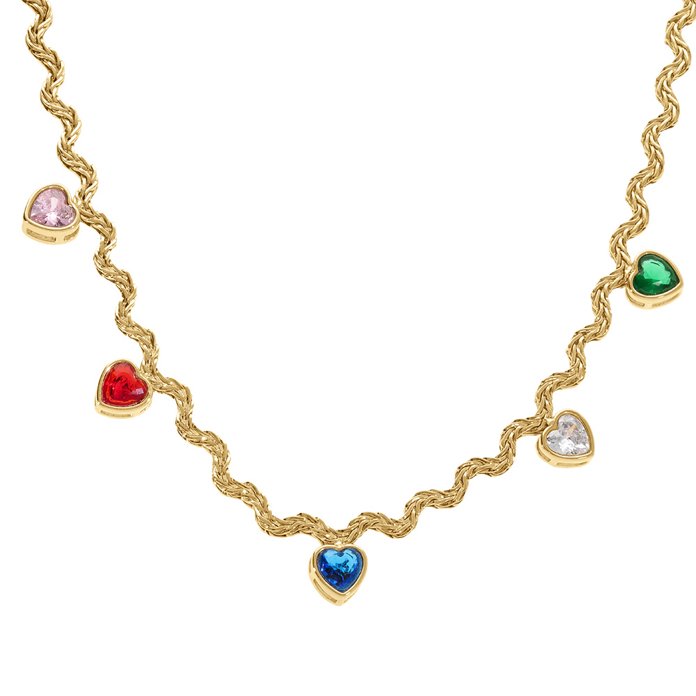 Collier en acier dor� maille corde rigide avec coeurs d\'oxydes multi couleurs  - 41+5cm - Vue 1