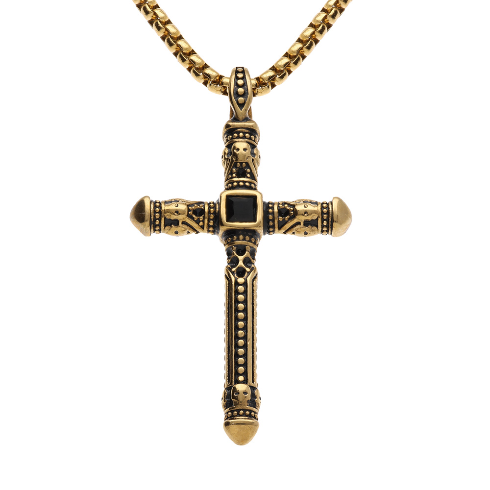 Collier en acier dor� maille jaseron avec pendentif croix 45 x 27mm en oxyde noir sertis 55cm - Vue 1