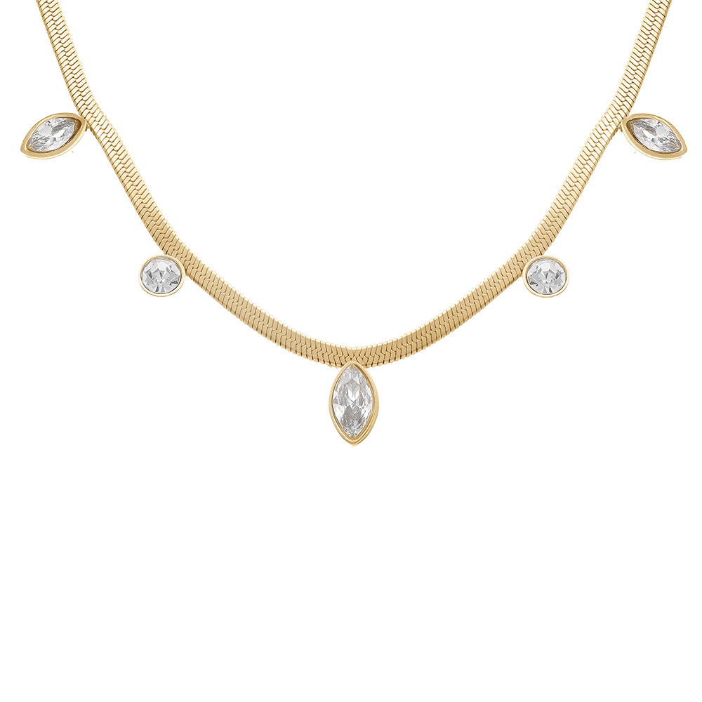 Collier en acier dor� maille plate et pampilles navettes d\'oxydes blancs  - 41+5cm - Vue 1