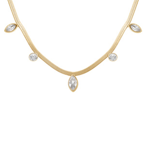 Collier en acier doré maille plate et pampilles navettes d\'oxydes blancs - 41+5cm - Vue 1