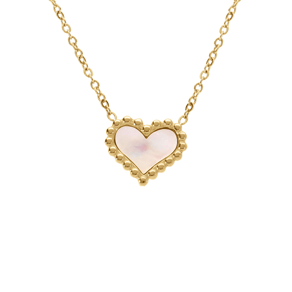 Collier en acier dor� motif coeur avec nacre blanche  - 40+6cm - Vue 1