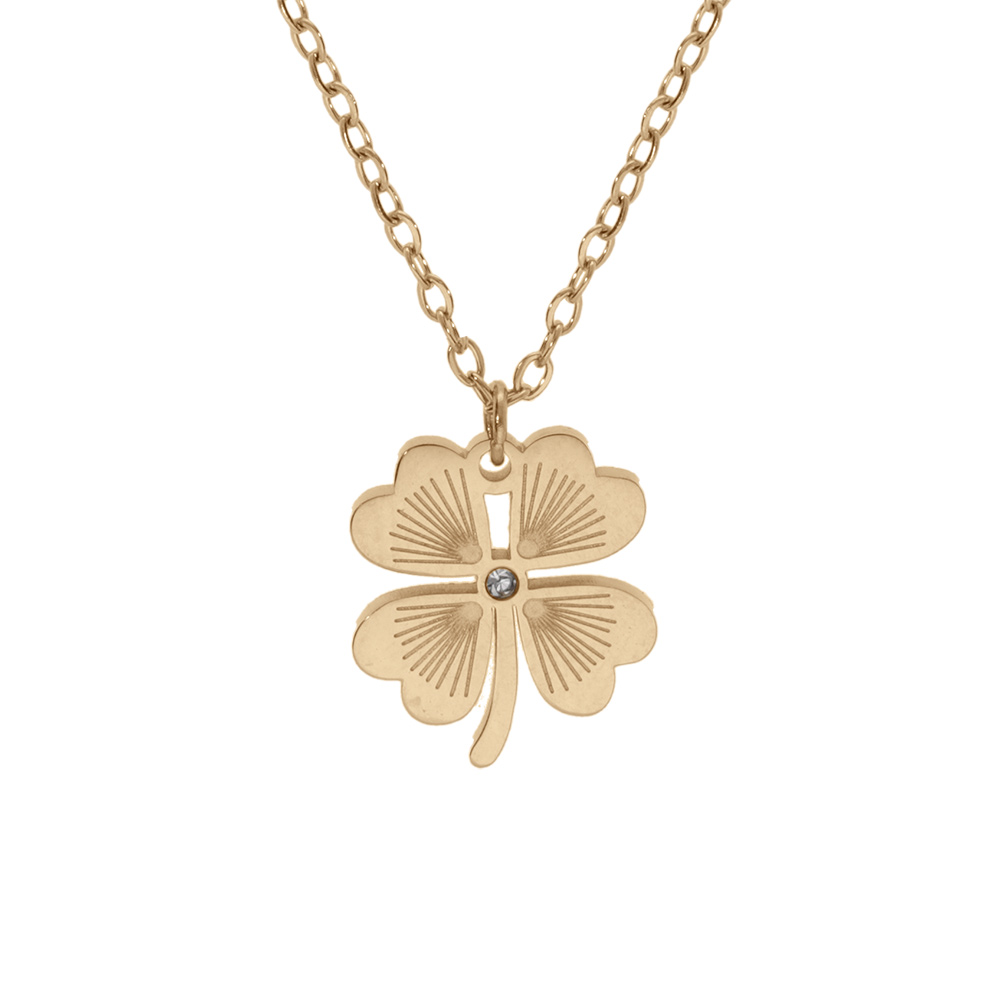 Collier en acier dor� motif tr�fle avec 1 oxyde blanc 39+4cm - Vue 1