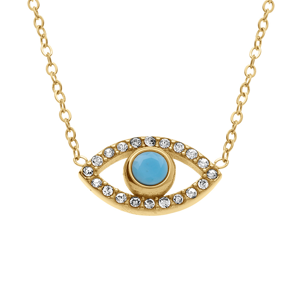 Collier en acier dore oeil de protection grec turquoise imitation contour oxydes blancs sertis - 40+5cm - Vue 1