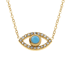 Collier en acier dore oeil de protection grec turquoise imitation contour oxydes blancs sertis - 40+5cm