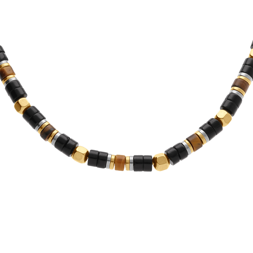 Collier en acier dor� oeil de tigre et agate noire - 45+10cm - Vue 1