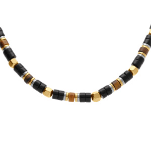Collier en acier doré oeil de tigre et agate noire - 45+10cm - Vue 1