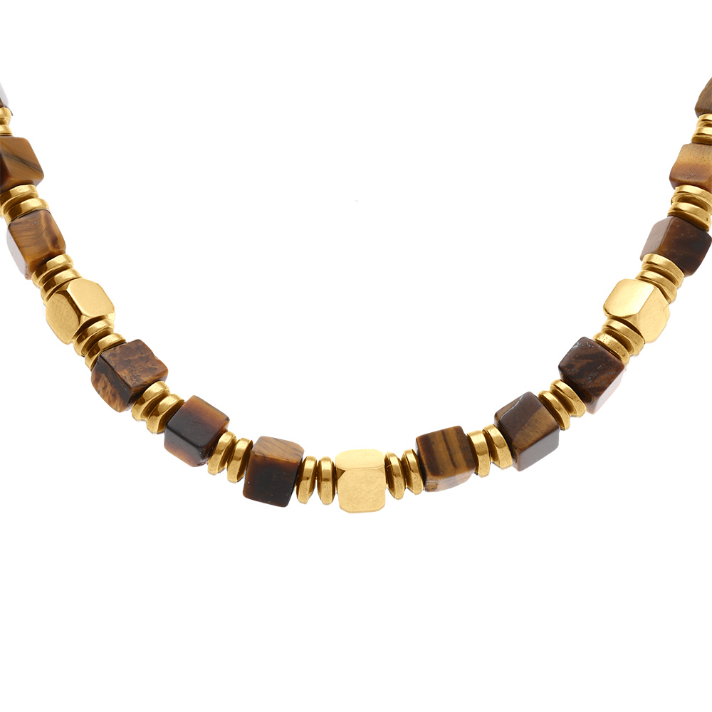 Collier en acier dor� oeil de tigre et hematite  - 45+10cm - Vue 1