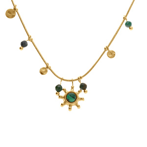Collier en acier doré pampilles boules de couleur et pendentif soleil malachite véritable - 39+5cm - Vue 1