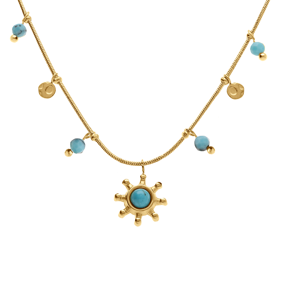 Collier en acier dor� pampilles boules turquoise reconstitu�es avec pendentif soleil  - 39+5cm - Vue 1