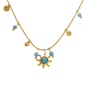 Collier en acier dor pampilles boules turquoise reconstitues avec pendentif soleil  - 39+5cm - Vue 1